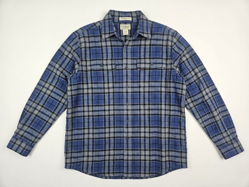 NEW L.L. Bean L Chamois Cloth Shirt Blue Plaid Flannel Check Cotton Traditional